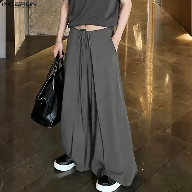 

INCERUN Men Wide Leg Pants Solid Color Drawstring Joggers Trousers Men Streetwear Loose Korean Style Fashion Casual Long Pants