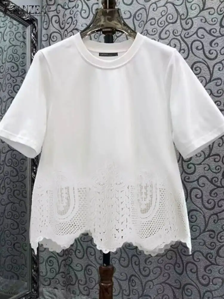 

ZANZEA Casual Loose O-neck Blusas Women Lace Stitching Blouse Elegant Solid Simple Tops 2024 Summer Short Sleeve Loose Tunics