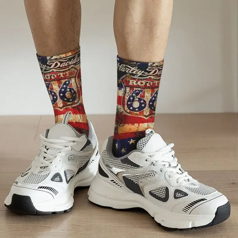 Calcetines de vestir de la bandera americana Route 66 Crazy para hombre y mujer, medias divertidas de moda Vintage, novedad