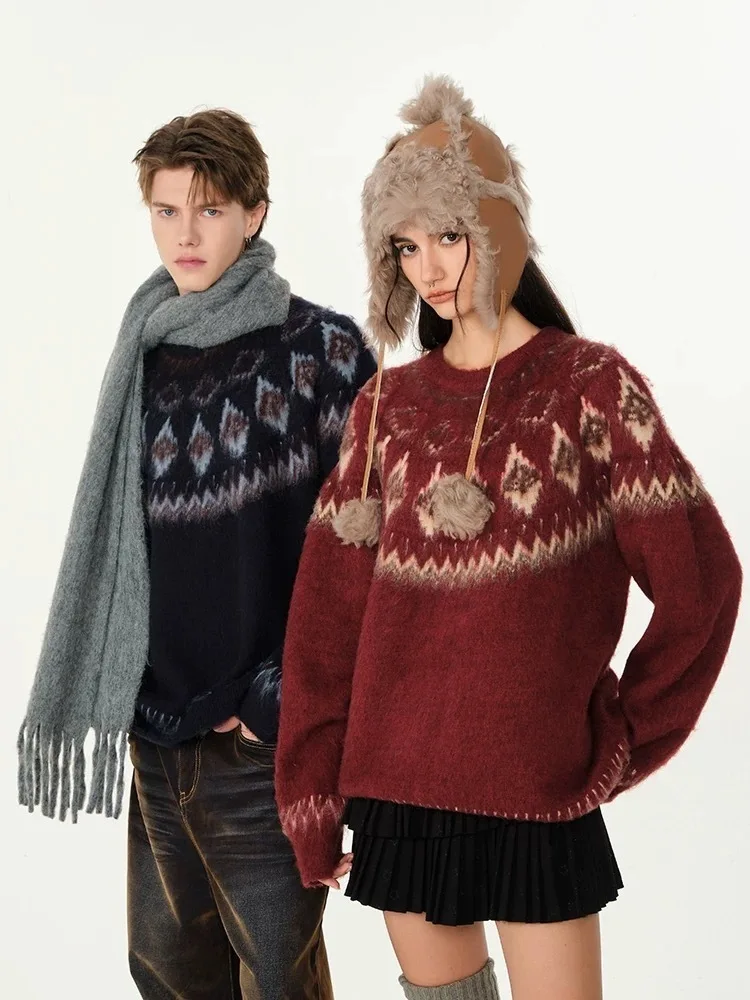 Couples Christmas Knitted Sweater Loose Lazy Diamond Pattern Crew Neck Pullover Knitwear For Men And Women Autumn Winter New