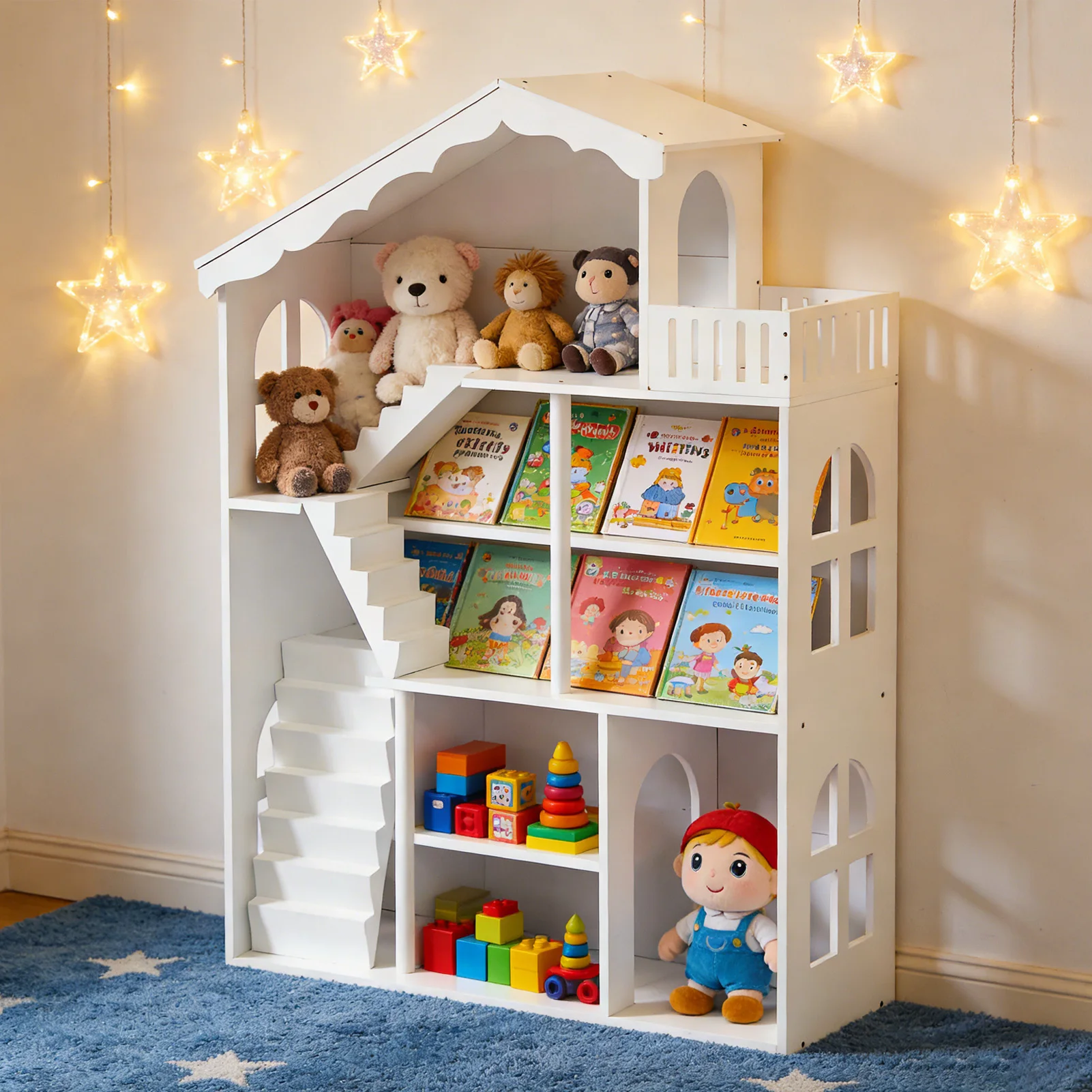Kids Dollhouse Bookshelf 3 Tier Open Design Wooden House Bookcase for Children Aged 3 and Kids Dollhouse Bookshelf