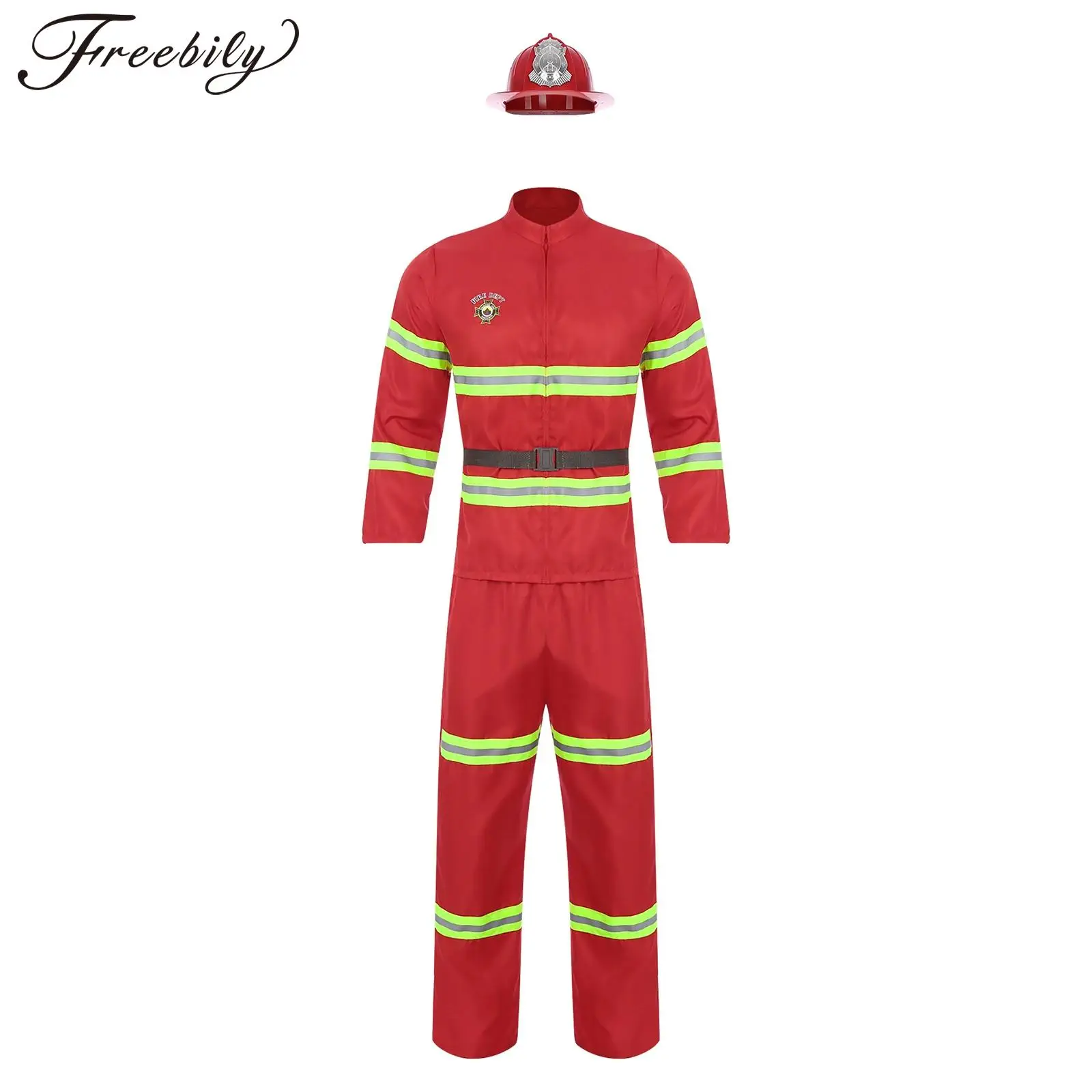 Mens Firefighter Dress Up Costume 4-piece Suit Plastic Helmet Long Sleeve Jacket Coat Pants and Belt Reflective Stripes Set