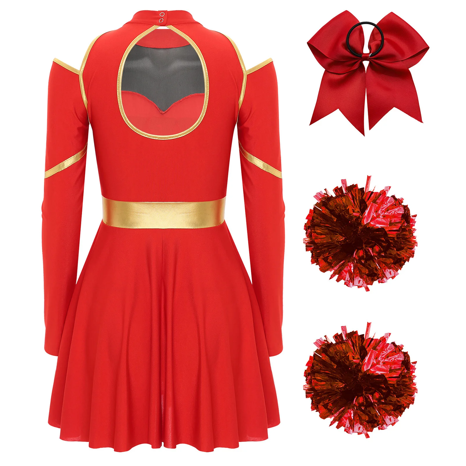 Cheerleading-Kostüm für Damen für Bühnenauftritte, Schulmädchen, Cheer-Kleid, Schleife, Haarband und 2-teilige Blumenbälle-Outfits – Detail 12