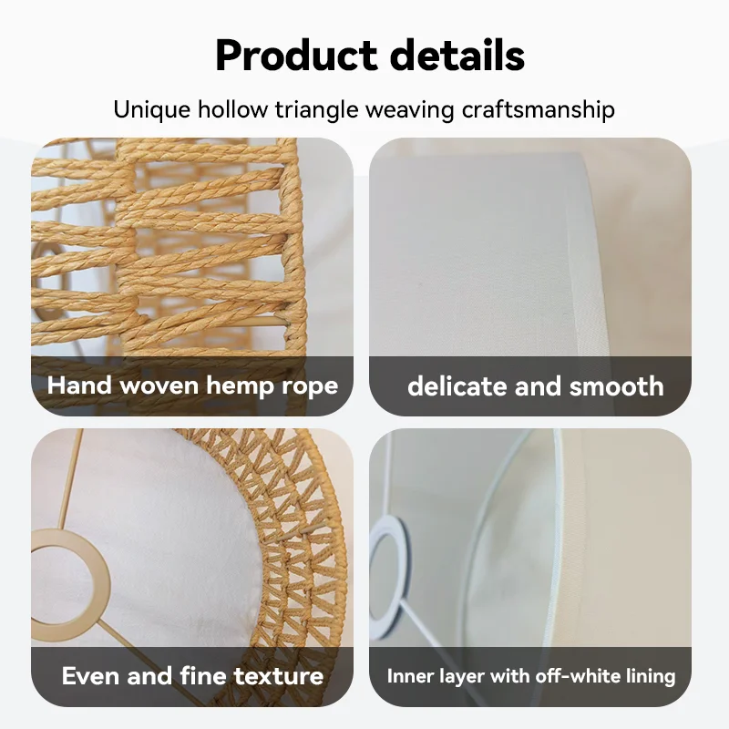 Boho Rattan Lamp Shade, Woven Paper Rope Drum Shade with Built-in White Fabric Lining