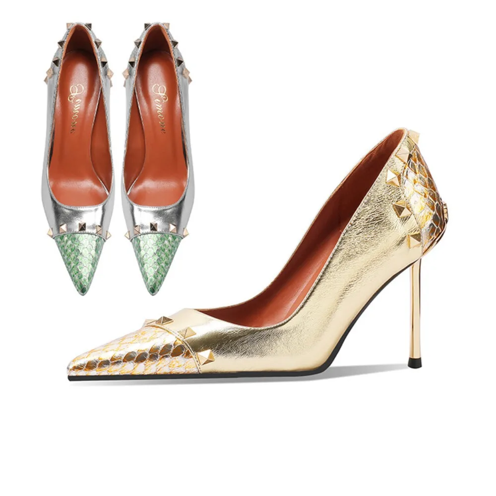 

Handmade Golden Stiletto Pumps Genuine Leather Embroidery Studs Women Dress Shoes