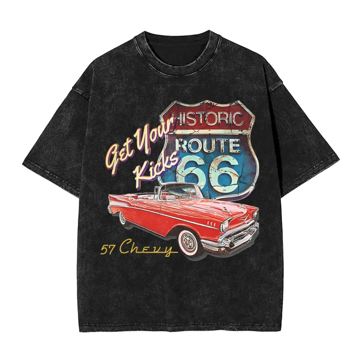 

Washed T Shirt Route 66 Street Hip Hop Fashion T-Shirts Harajuku Cruise America Streetwear Printed Tops Tees for Men Women