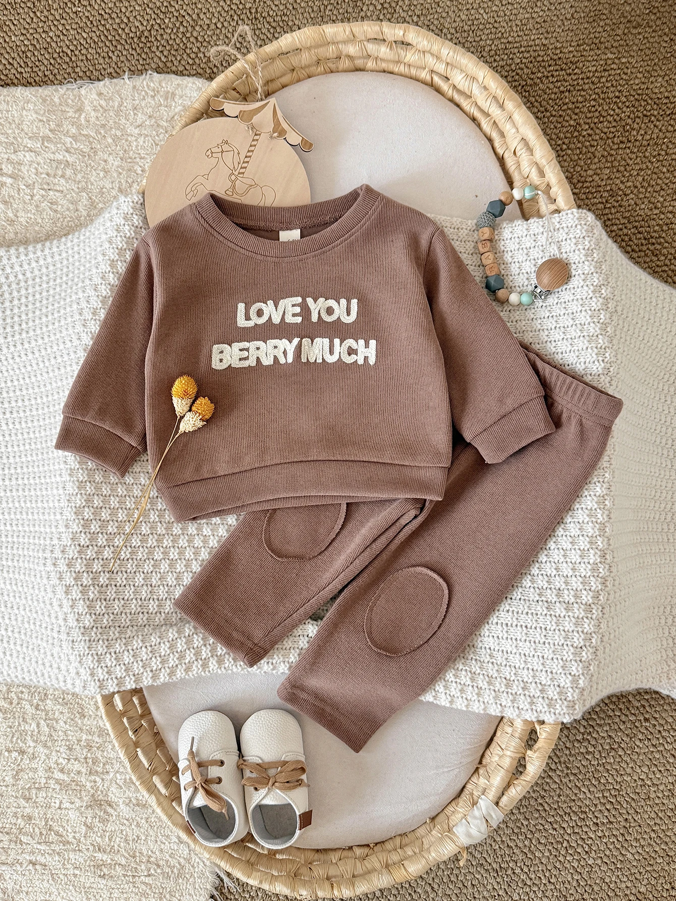 Retro Brown Ribbed Knit Baby 2Pcs Set LOVE YOU BERRY MUCH Embroidery Sweatshirt Knee Patch Pants Toddler Spring Outfit