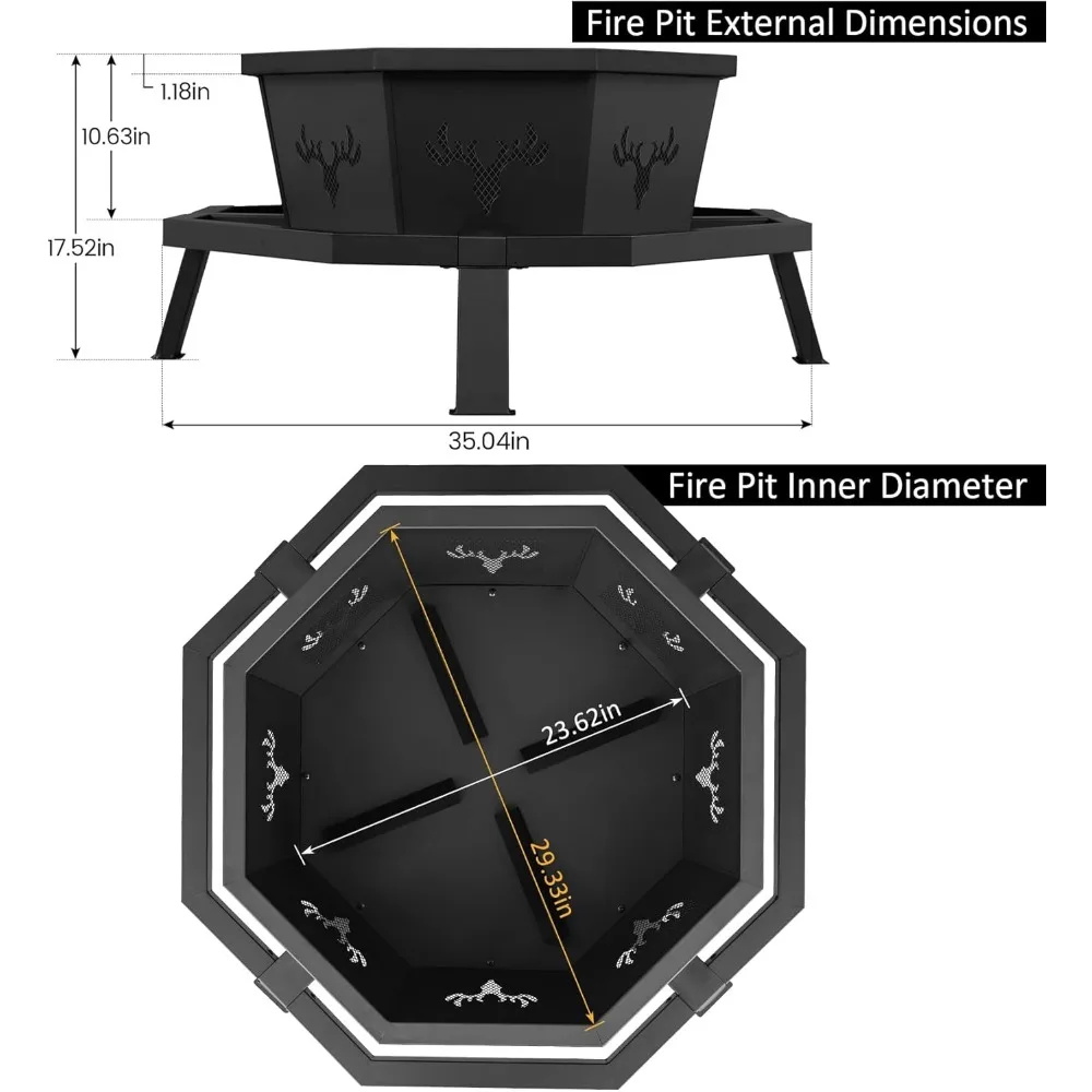 35 Inch Octagonal Outdoor Wood Burning Fire Pit for Backyard Camping and Outdoor Entertainment