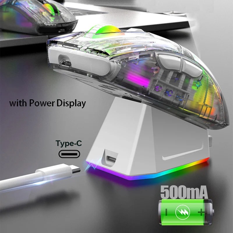 Imagem -05 - Rato para Jogos de Iluminação sem Fio Rgb com Doca de Carregamento Magnética Mouse com Fio para pc Gamer Transparente Bluetooth 2.4g Modos