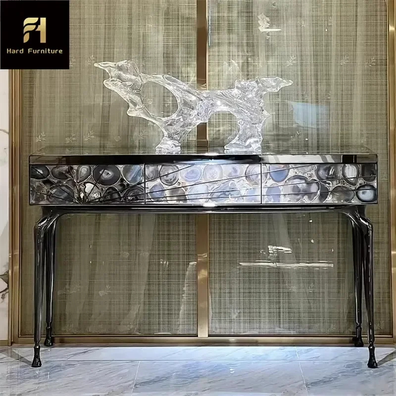 Italian Style Entrance Cabinet Metal Console Table With Agate Stone Gemstone Drawer Panel