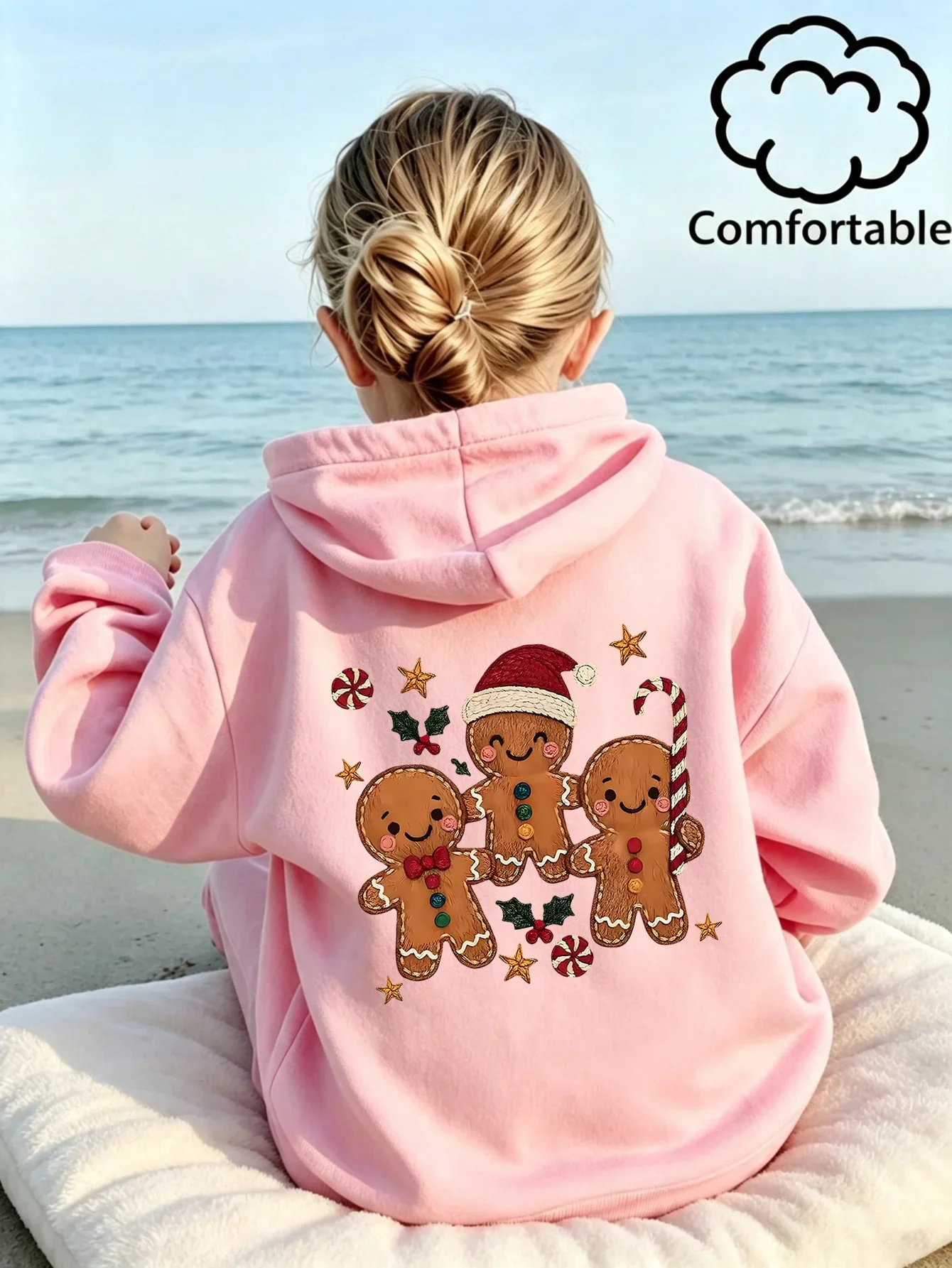 Girls Pink Christmas Gingerbread Printed Hoodie Teen Cute Santa Hat Graphic Sweatshirt Festive Casual Loose Winter Tops