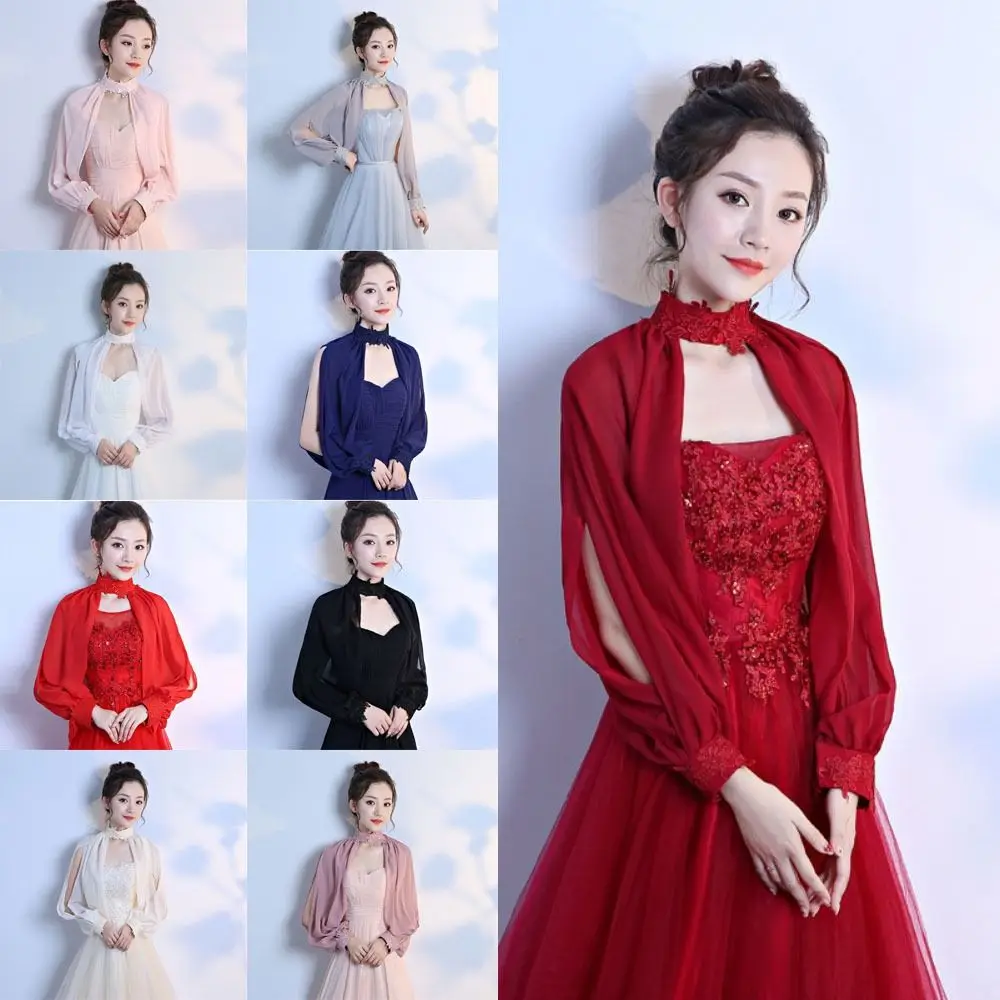 

Women Elegant Long Sleeve Bridal Wrap Soft Cape Wedding Bridal Shawl Bride Cape Chiffon Shawl Evening Prom Cape