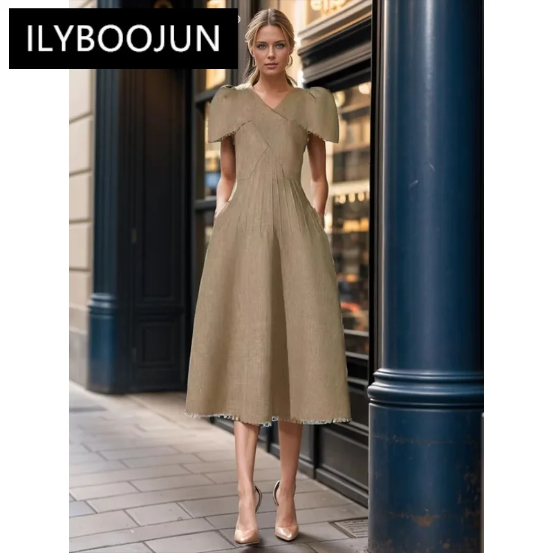 

Minimalist Elegant V Neck Short Sleeve Temperament DressStyle Dresses For Women 2024 Luxury Brand High Quality