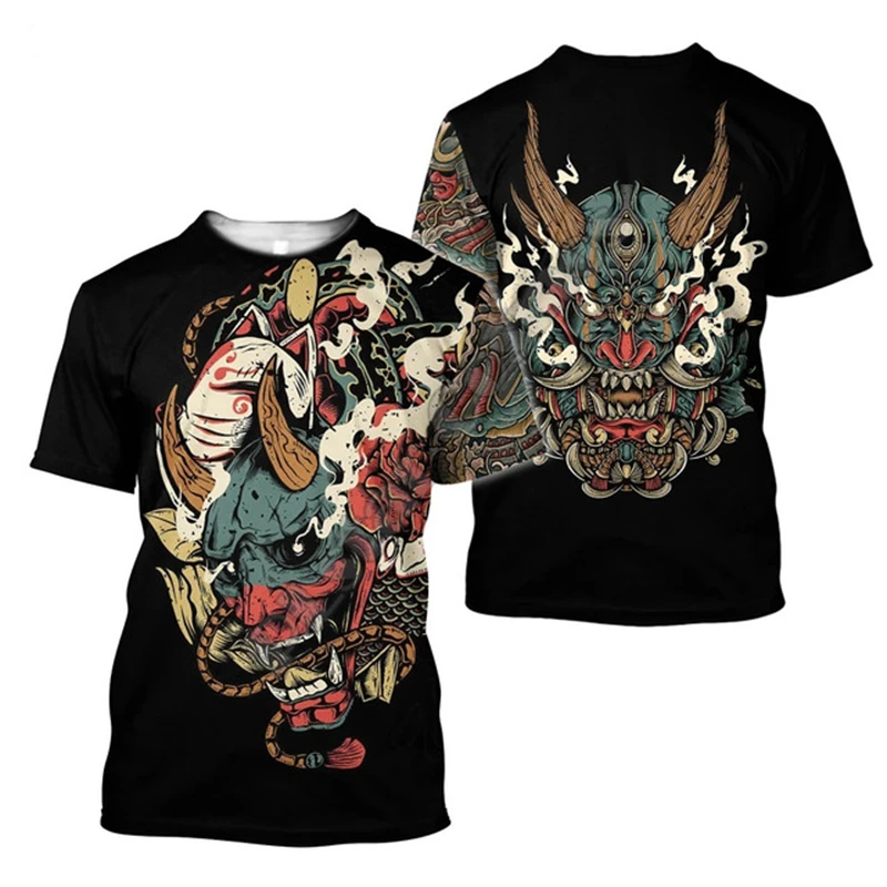 Fashion Samurai Tattoo Men's T-shirt 3D Printed Art Mask Tattoo O-neck Short Sleeve Tops Hip Hop Punk Harajuku Oversized T-shirt