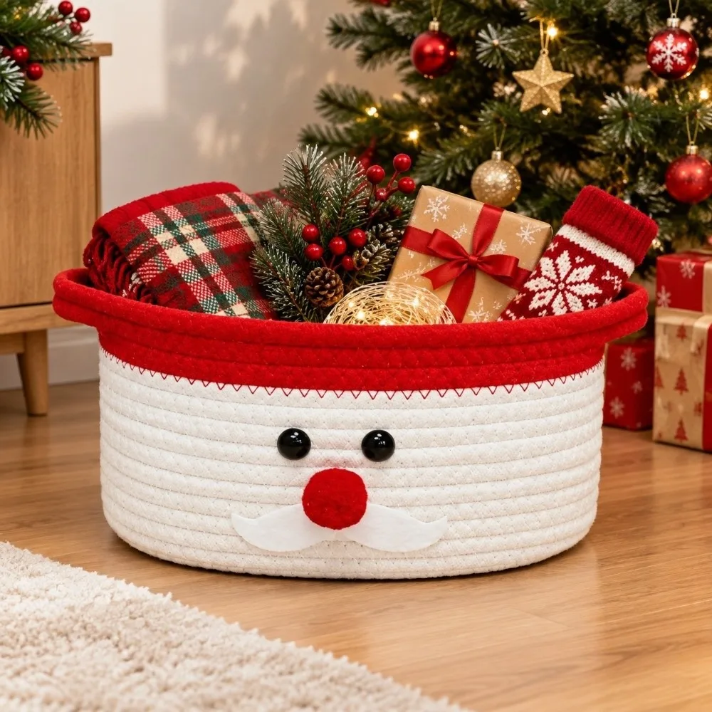 Dual Handles Christmas Woven Basket Cartoon Pattern Braided Texture Cotton Rope Storage Bin Eco Friendly Washable Material