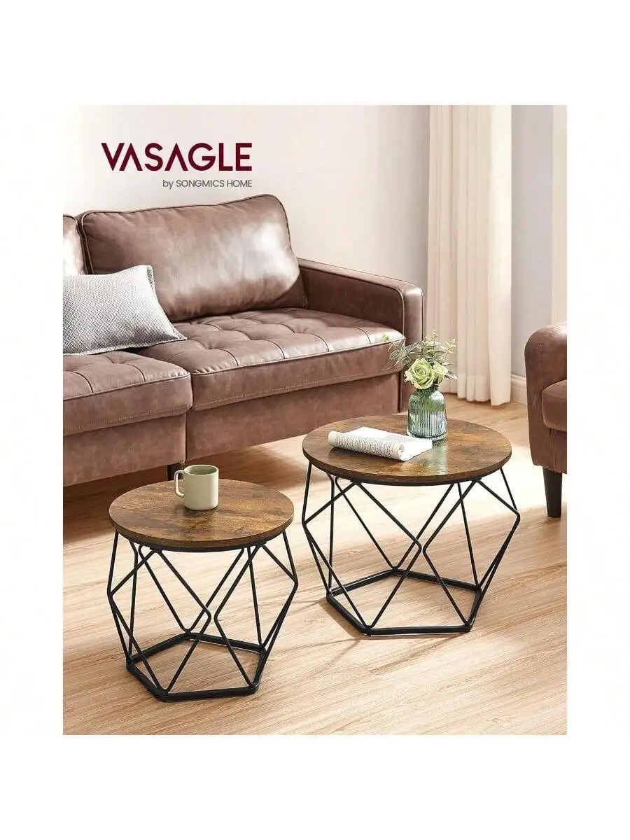 VASAGLE Small Coffee Table Set Of 2, Round Coffee Table With Steel Frame, Side End Table For Living Room, Bedroom, Office, Ru