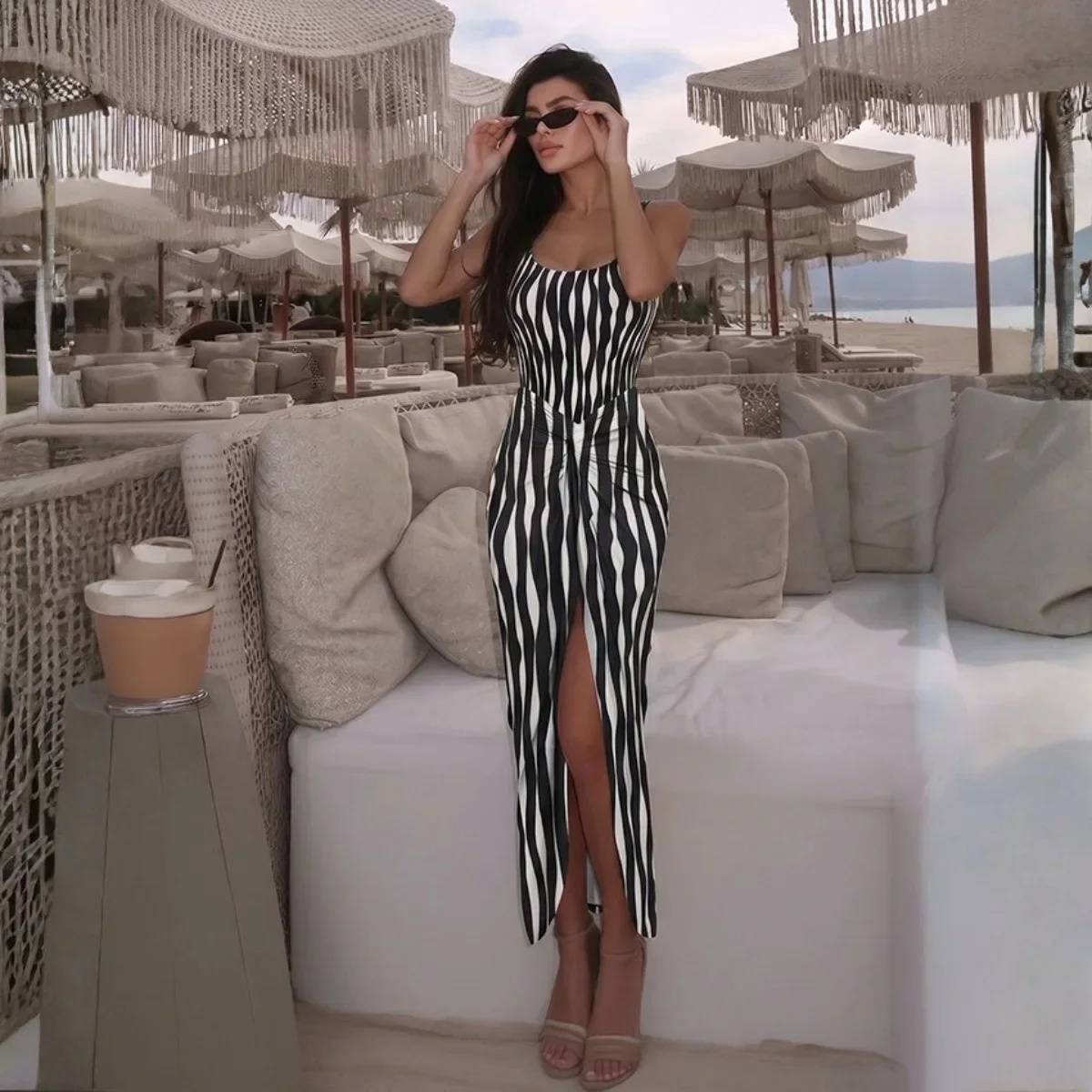 Women's One Piece Swimsuit Black White Striped Ripple Quick Dry Swimwear Skirt 2026 New Female Beachwear UPF 50+ Bathing Suit