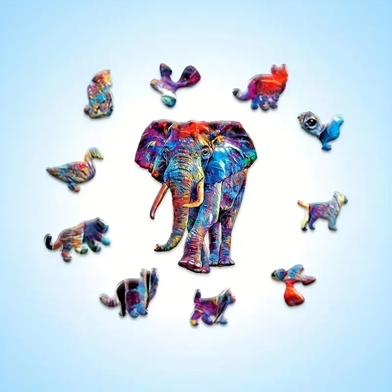 Elephant Wooden Puzzle Game, Animal Shaped Pieces Jigsaw Puzzles Toys with Package, Christmas Gift Home Decor Family Game