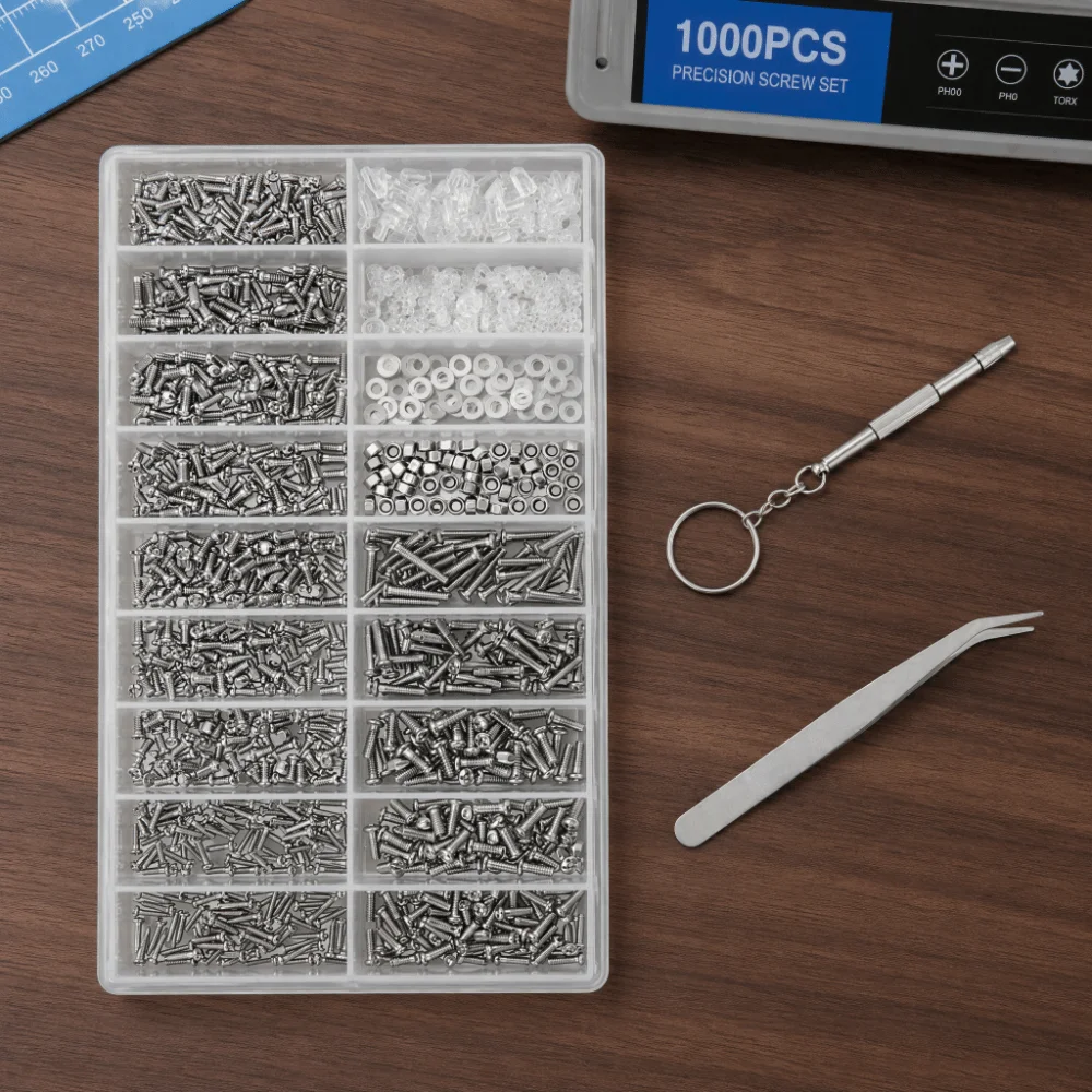 1000pcs Stainless Steel Material Glasses Screws Repair Kit With Tweezers With Screwdriver Small Screws Assortment