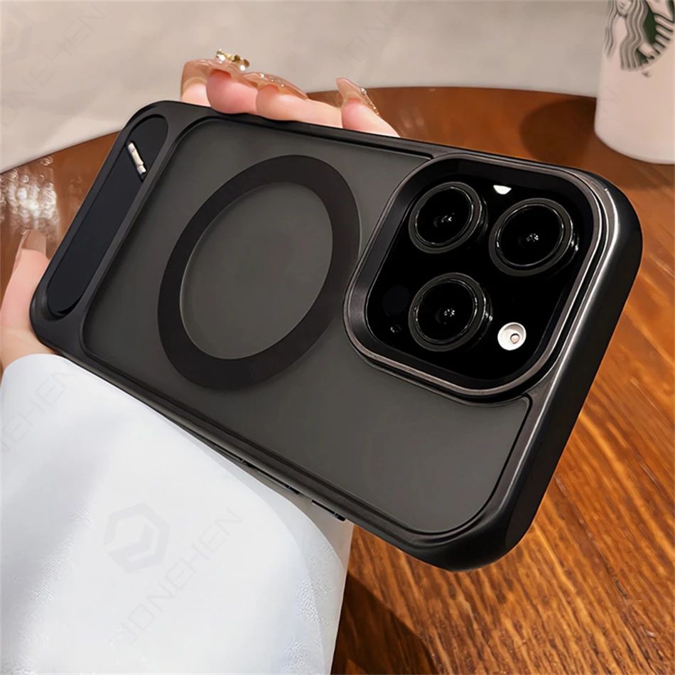 Matte Transparent Invisible Folding Stand Magnetic Case For iPhone 15 16 17 Pro Max 14 13 12 For Magsafe Wireless Charging Cover