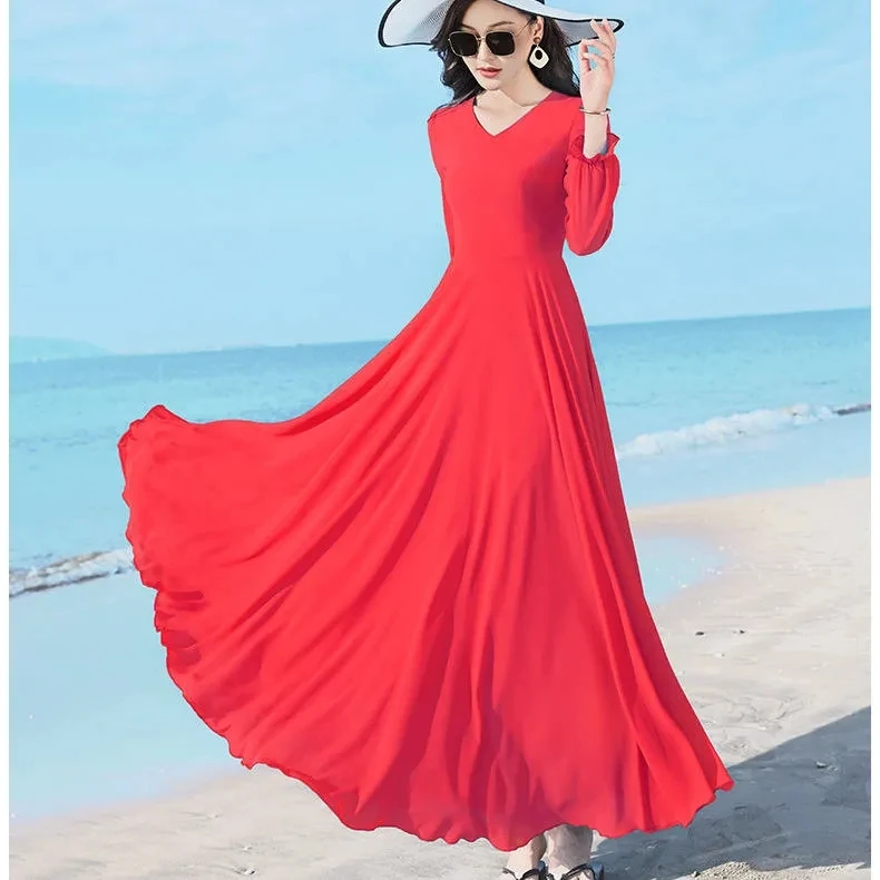 Dupla camada maxi saia feminina outono verão novo longo sve férias praia dr tamanho grande comprimento médio sobre o joelho chiffon dr