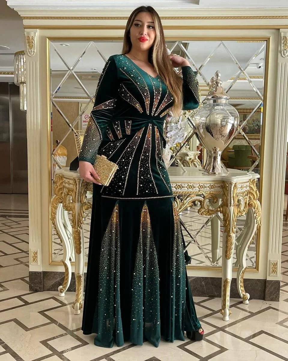 Luxury Formal Evening Velvet Long Dresses For Women African Fashion Autumn Winter Dashiki Beading Slim Fit Elegant Party Dress