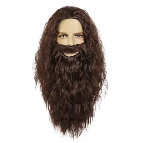 Imagen 2 del producto Pelucas sintéticas marrones para hombre y barba, peluca de pelo largo ondulado y rizado con bigote, peluca de Cosplay para Halloween, fiesta de disfraces diaria