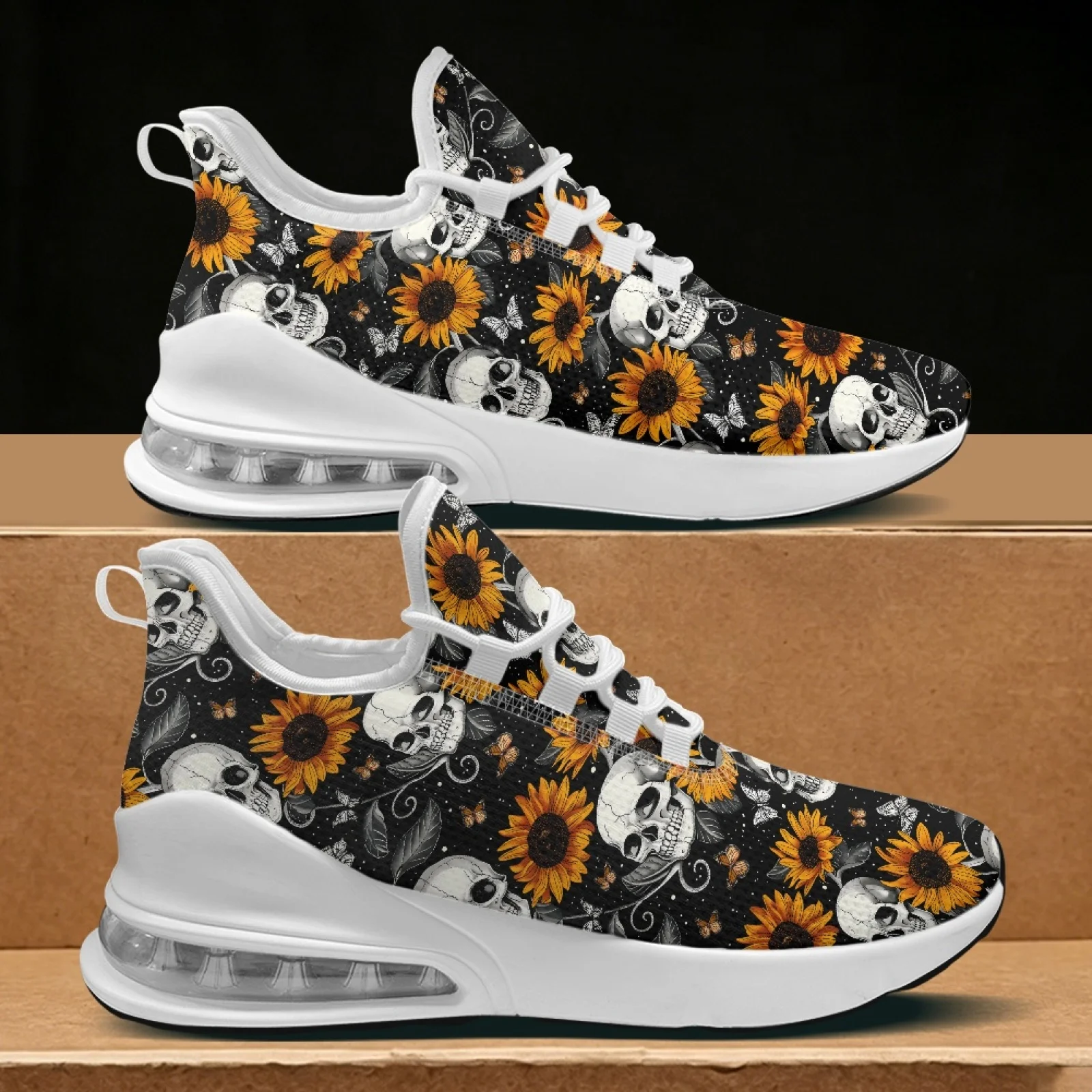 PENSTROLL Sunflower Skull Breathable Non Slip Casual Athletic Footwear Gym Shoes for Women Travel Walking