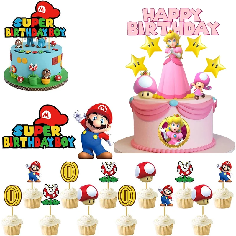 Adorno para tarta de Super Mario Bros, decoraciones para tarta de cumpleaños de Anime para niños, adorno para fiesta, Cupcake, insertar bandera, suministros para Baby Shower