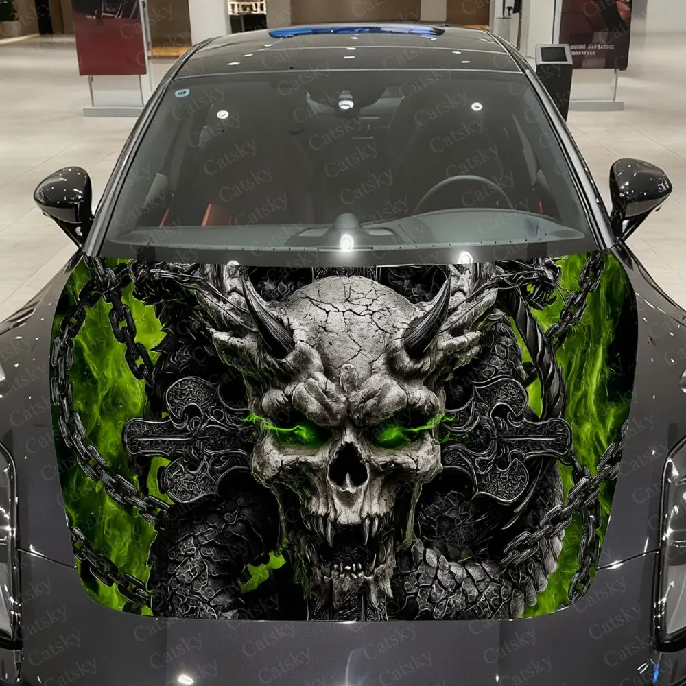 

Green Skull, Dark Dragon & Chain Car Vinyl Wrap, PVC Material Waterproof Car Hood Sticker, Self-Adhesive Scratch-Resistant Stick
