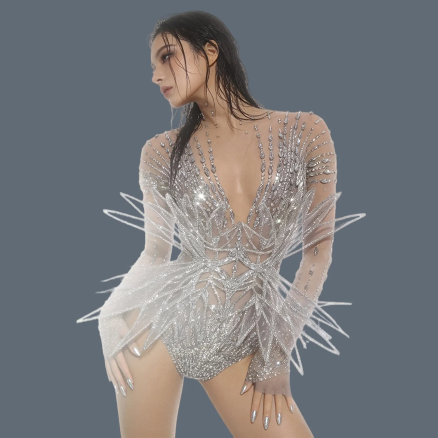 Sheer Mesh Long Sleeve Bodysuit Silver Rhinestones 3D Spiky Silver Glitter Wing Dance Stage Performance Sexy Costume Qingying