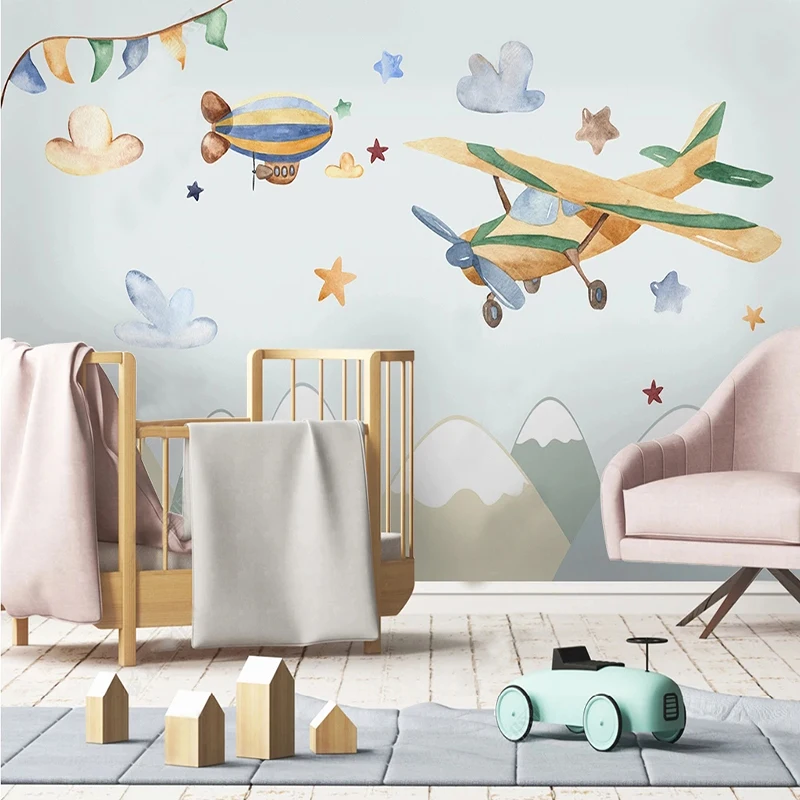 

Photo Wallpaper Hand-Drawn Cartoon Creative Airplane Balloon Children's Room Background Wall Covering Waterproof 3D Wall Sticker