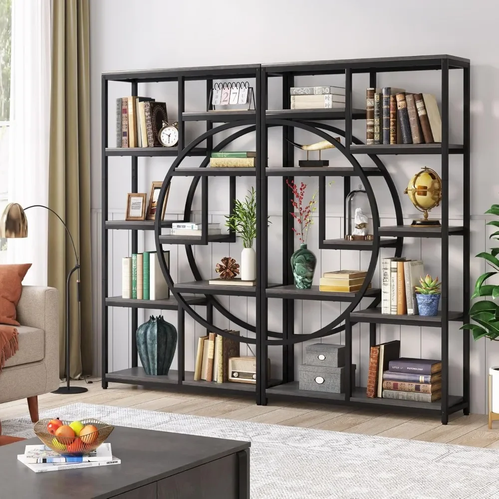 Bookshelf Industrial 5 Tier Etagere Bookcase, Freestanding Tall Bookshelves Display Shelf Storage Organizer with 9-Open Storage