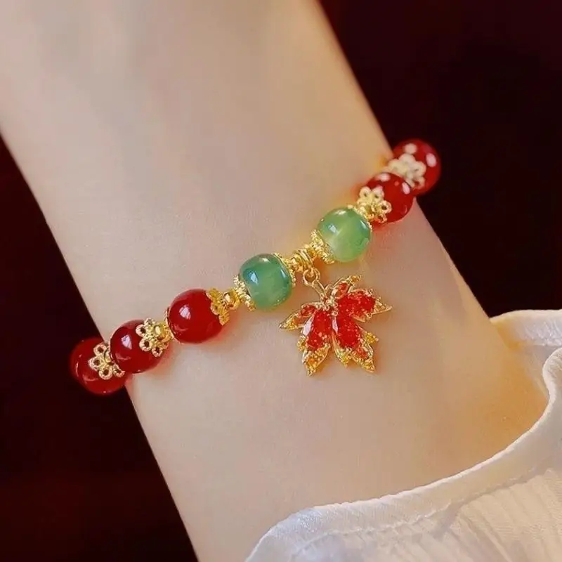 1PC Leaf Bangle Jewelry, Natural Red Jade Beads Bracelet, Fashion Charm Gemstone Designer Accessory Gift for Women