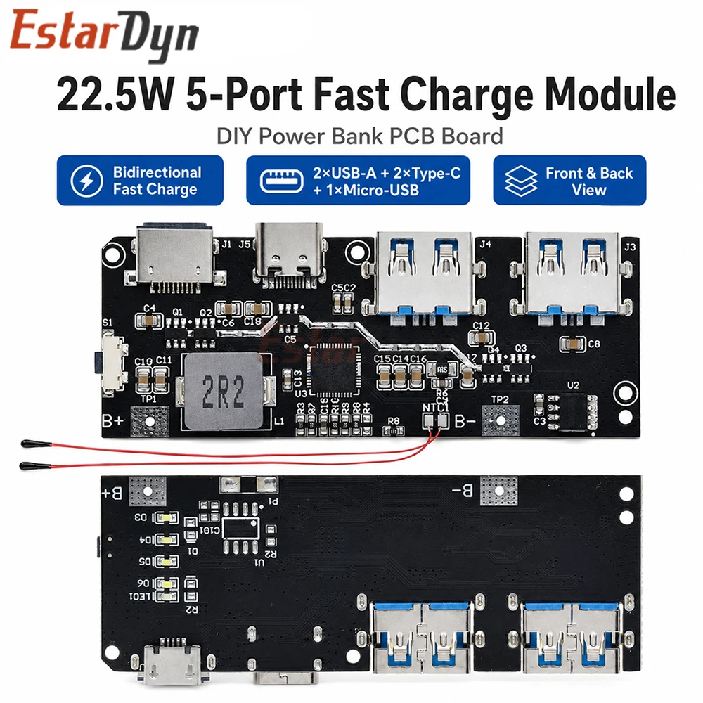 Estardyn QC3.0/4.0 22.5W 5V4.5A Micro/Type-C Input Dual USB Output 18650 Power Bank Charging Module with Protection for DIY