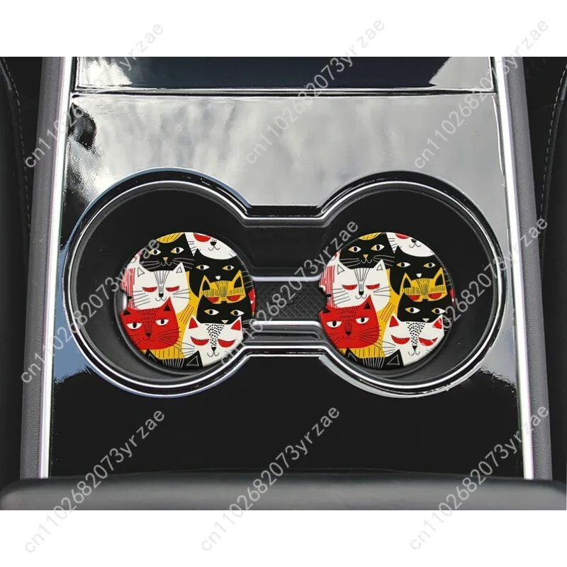 

Abstract Cat Car Coasters 2pcs Absorbent Anti Slip Car Coasters Scalding Waterproof Easy Clean Car Interior Accessories