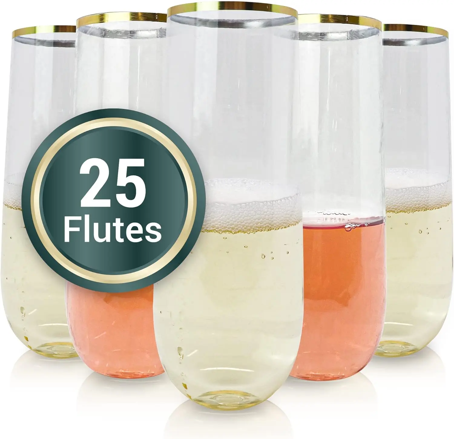 

Gold Rim Plastic Champagne Flutes, 25-Pack, 9 oz, Stemless, Clear – Perfect for Parties & Celebrations