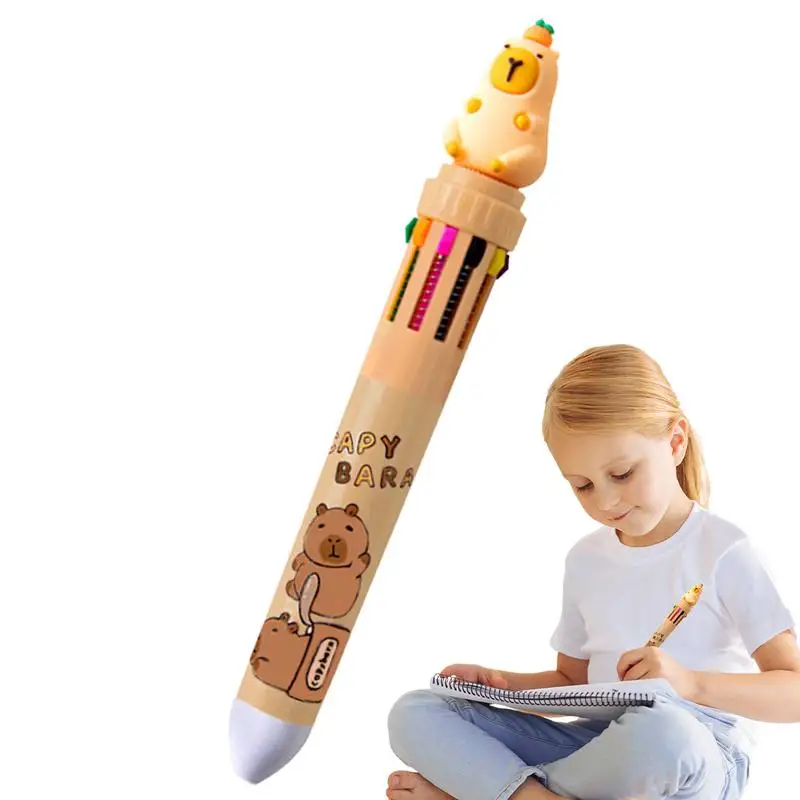 Capybara-Stylo à bille 10 en 1, mignon, 0.5mm, encre gel colorée, fournitures scolaires et de bureau