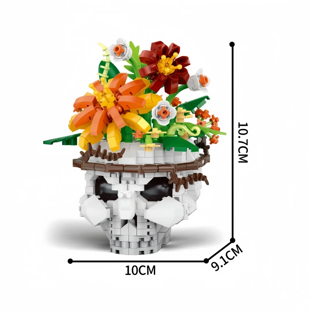 KNEW BUILT Totenkopf-Blumen-Rosen-Ornament Mikro-Bausteine – Schreibtischdekoration, Stressabbauendes Puzzlespielzeug, Gruseliges Geschenk für Halloween – Detail 6