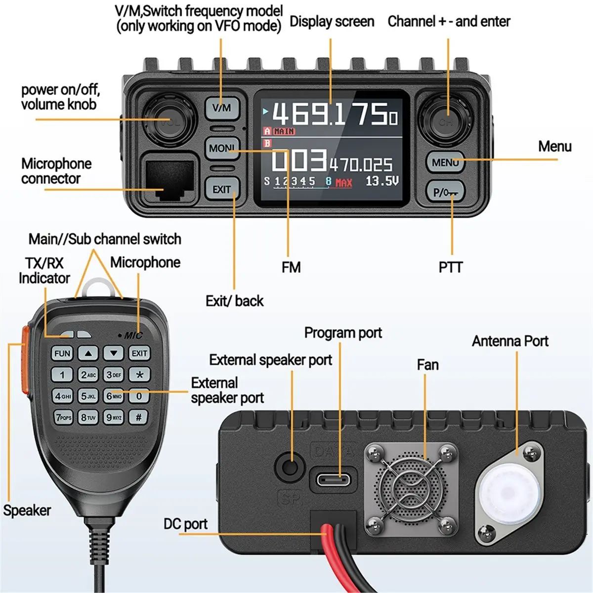 AU47-AR-8118 25W Dual Band Mini Mobile Radio HD Voice 200CH Long Range VHF UHF Anti-Interference Dual PTT HD Vioce Car Radio