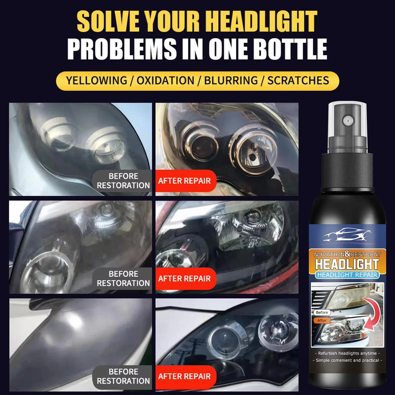 Kit de restauración de faros de coche, eliminador de arañazos de faros, juego de líquido polaco para limpieza y eliminación de oxidación, accesorios para automóviles