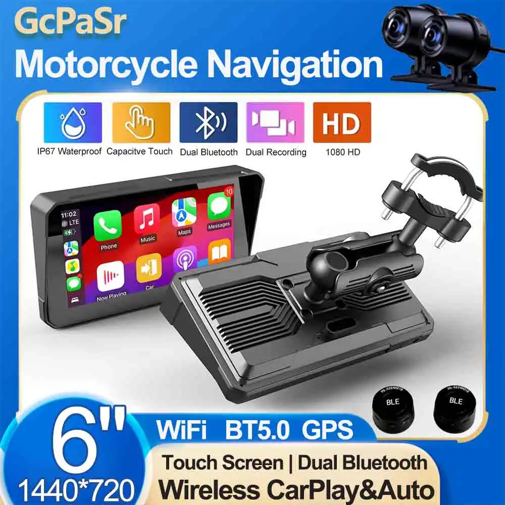 

6" Carplay IPX7 Waterproof Motorcycle Universal Display Dual Bluetooth 1080P Wireless Android Car Monitor Driving Recorder