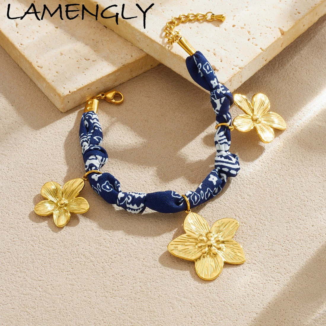 

LAMENGLY 316L Stainless Steel Deep Blue Rope Knot Chain Line Texture Big Flower Charm Bracelet Women Bohemian Style Jewelry Gift