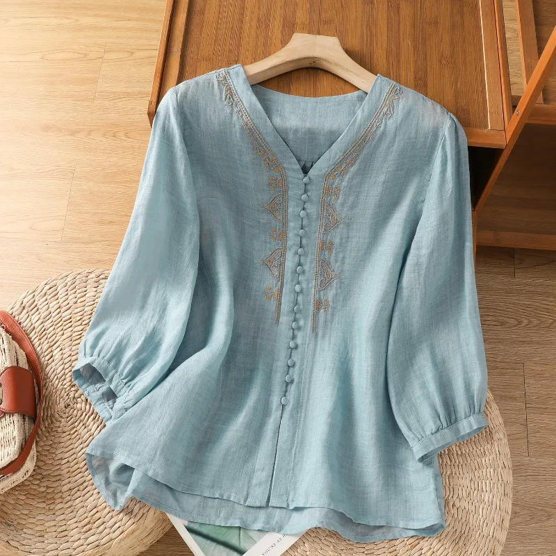 

Chinese Style Women's Blouse Embroidery Vintage Shirts Fashion Loose Summer Clothing Short Sleeve Cotton Linen Women Tops
