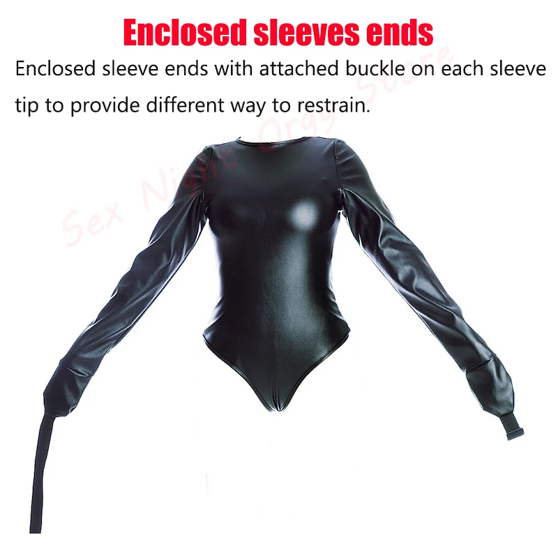 BDSM Bondage Long Sleeve Bodysuit,Adjustable Belt,Leather Arm Binder Restraint Straitjacket,Slave Cosplay Costume Women Sex Toys