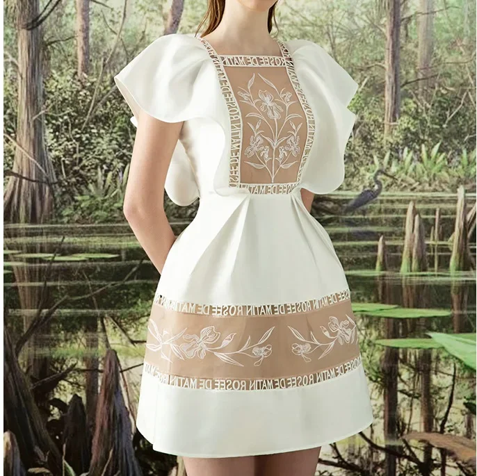 

White Elegant Women's Dress Patchwork Embroidery Flower Summer Bodycon Dress for Women Short Sleeve Beach Vacation Clothing