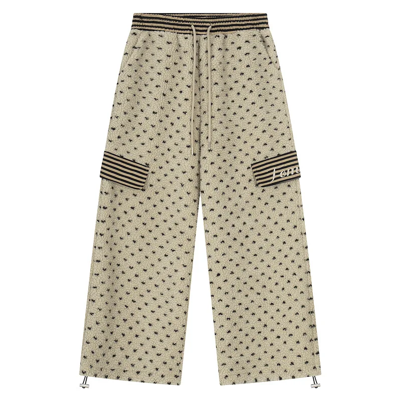 Vintage Heart Dot Lamb Wool Women's Wide-Leg Pants Winter Fleece Lined Thickened Cotton Casual Sports Home Sweatpants Unisex