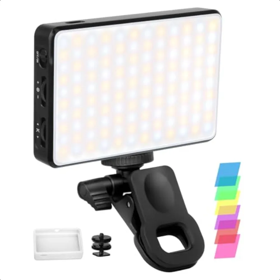 

Selfie Light with Soft Diffuser Diffuser 120 Dimmable LEDs ClipOn Fill Light for Phone Tablet Camera 3 Color Modes 6 Filter Eff