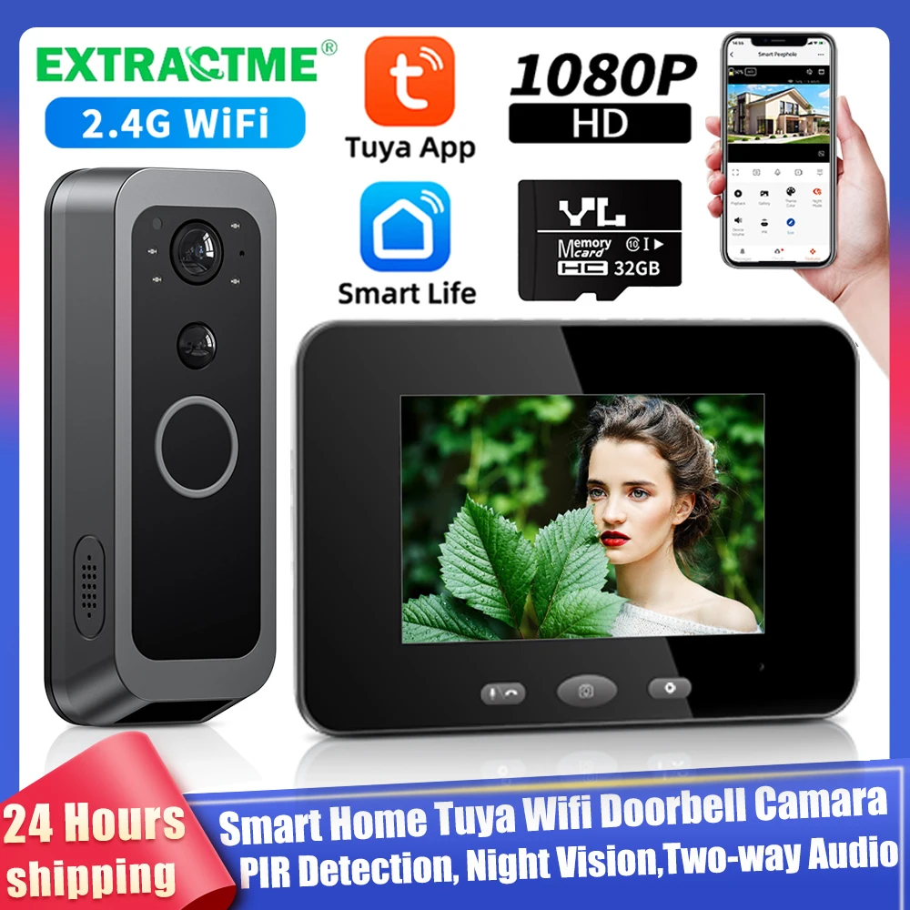 

Беспроводная видеокамера-дверной звонок Extractme Tuya с Wi-Fi, 1080P HD, PIR, ночным видением, обнаружением движения, двусторонней связью