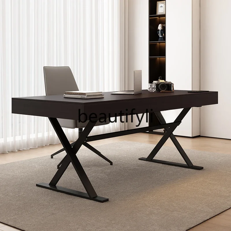 

Smoked wood color Italian minimalist solid wood desk study modern simple light luxury boss desk